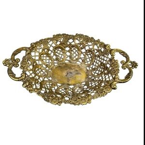 Vintage Large Brass Filigree Ornate Lattice Detail Oval Bowl Basket Metal Basket
